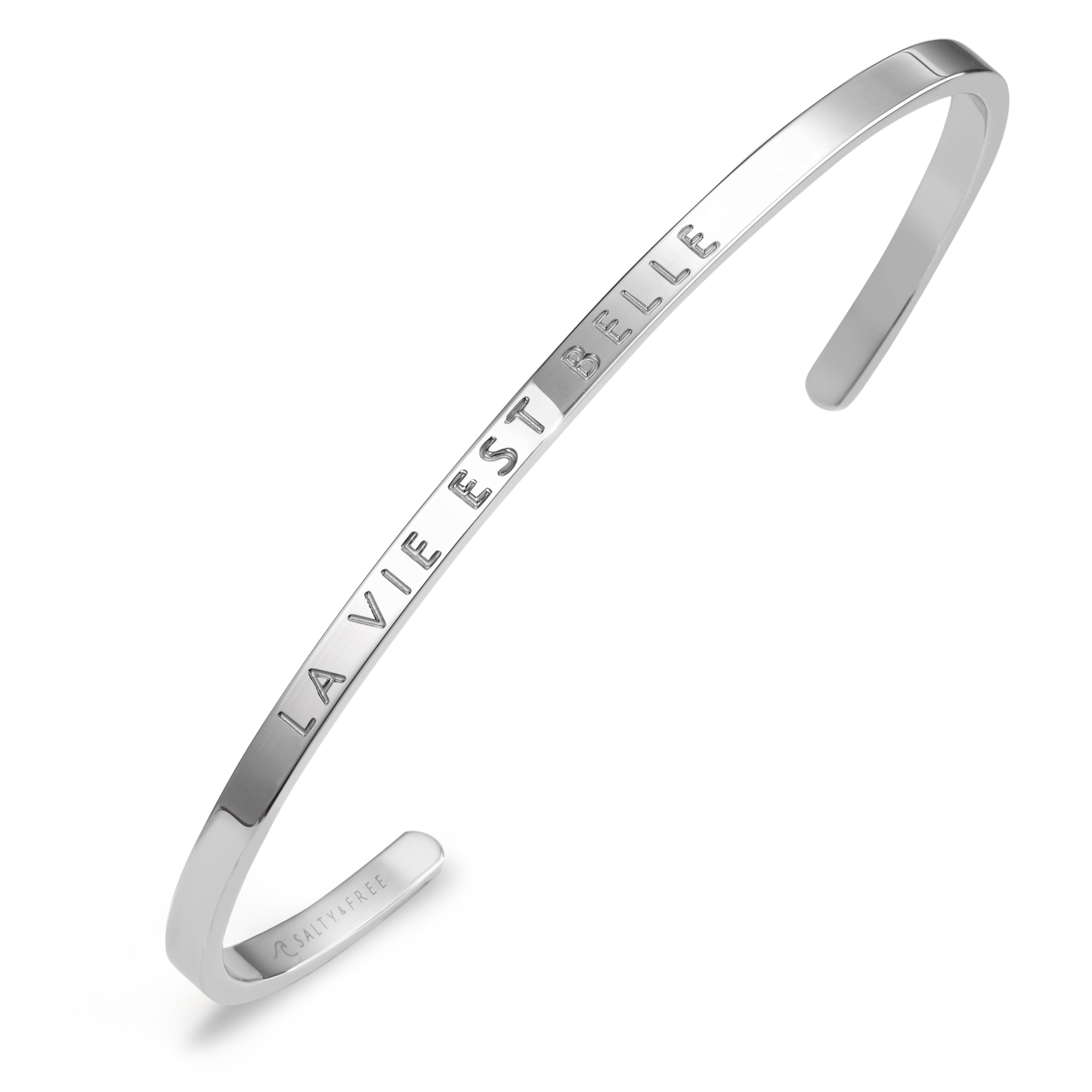Mantra Cuff LA VIE EST BELLE | Silver Engraved Bracelet | Salty & Free Jewelry
