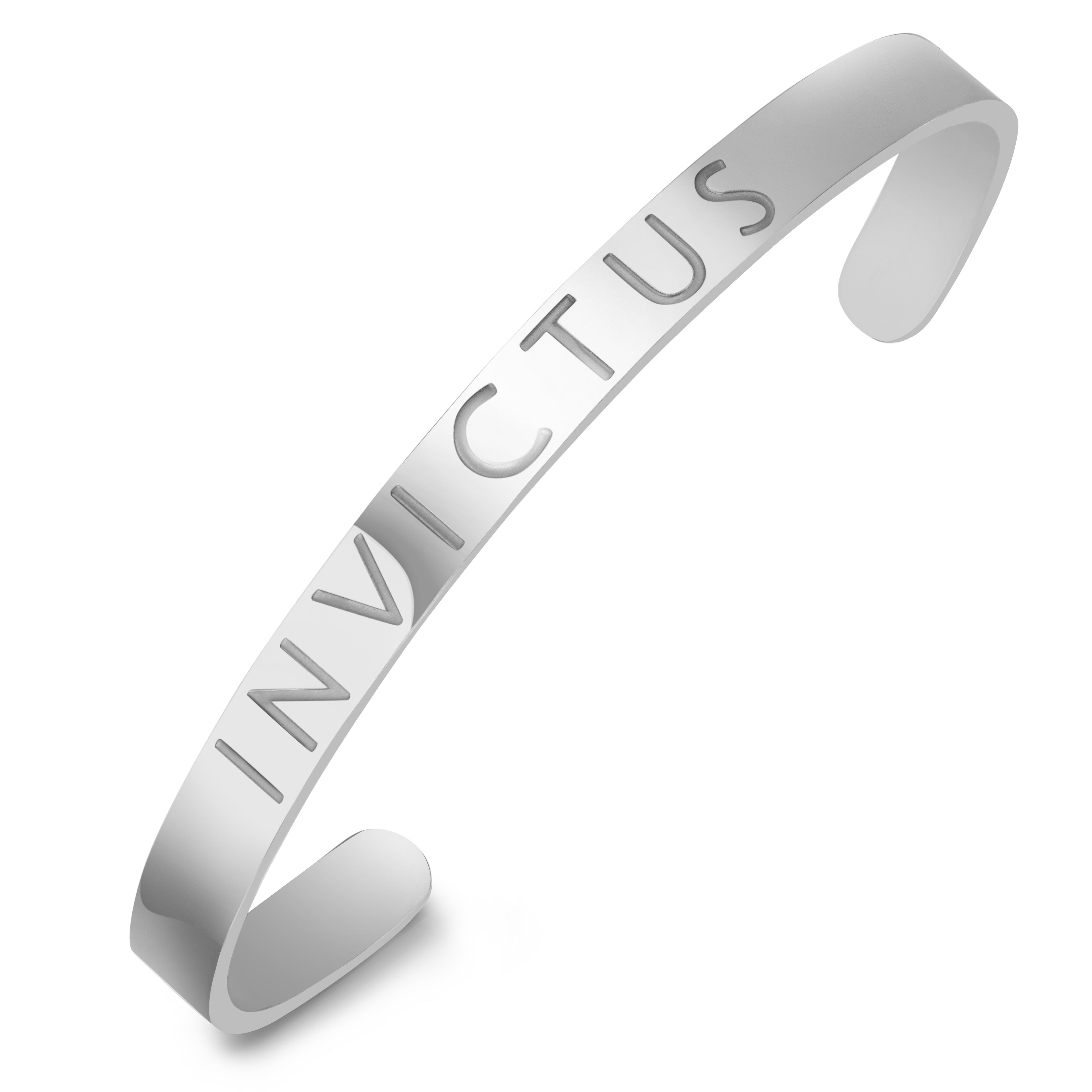 Silver shiny Stainless Steel Mantra Cuff Invictus | Salty & Free Jewelry